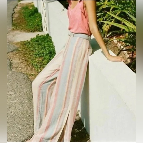 Anthropologie Beachy Wide Leg Soft Neutral Linen Coastal Striped Pants 10 Petite - Picture 3 of 8